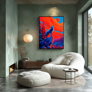 Poster Arte de Parede Lobo Expressionista sob Lua Carmesi