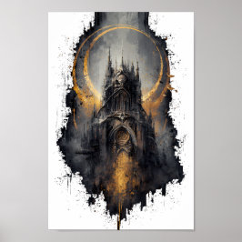 Poster Arte de Parede Lua Dourada Castelo Gótico
