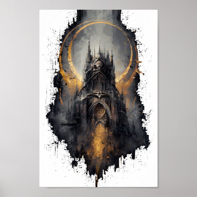 Poster Arte de Parede Lua Dourada Castelo Gótico (Frente)