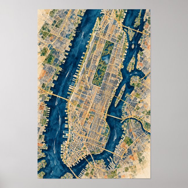 Poster Arte de Parede Mapa Aéreo de Manhattan Nova York (Frente)
