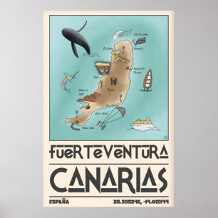 Poster Arte de Parede Mapa de Fuerteventura Ilhas Canária