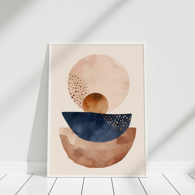 Poster Arte de Parede Minimalista Abstrata em Terracota A (Watercolor Navy Terracotta Blush Abstract Shapes Poster in a white frame.)