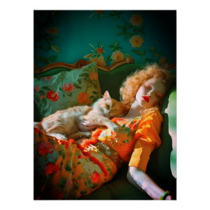 Póster Arte de Parede Mulher e Gato Vintage – Floral Româ