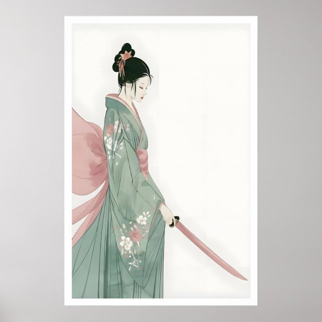 Poster Arte de Parede Mulher Samurai Rosa e Verde Floral (Frente)