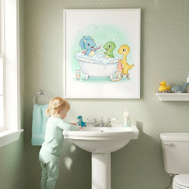 Poster Arte de Parede para Banheiro Infantil Dino Bath Sq