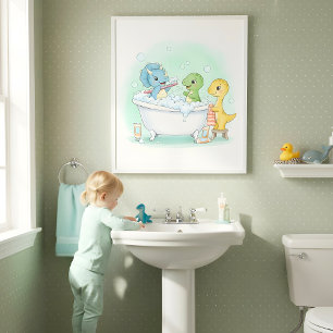 Poster Arte de Parede para Banheiro Infantil Dino Bath Sq