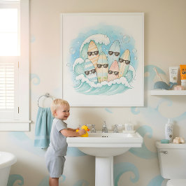Poster Arte de Parede para Banheiro Infantil Surf's Up Ba