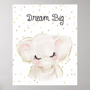 Poster Arte de Parede para Berçário de Elefante Sonhe Gra