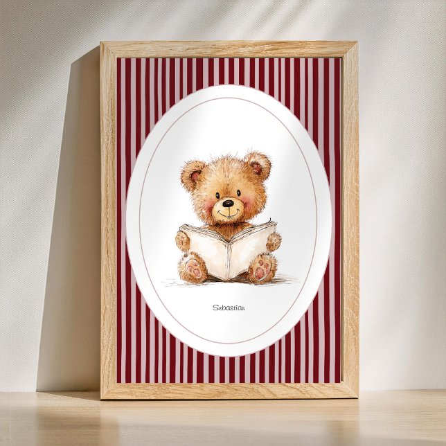 Poster Arte de Parede para Berçário Nome Personalizado -  (Custom Name Print - Cute Teddy Bear Reading a Book Nursery Poster)