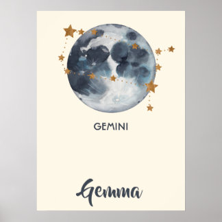 Poster Arte de Parede para Berçário Zodíaco Gêmeos Celest