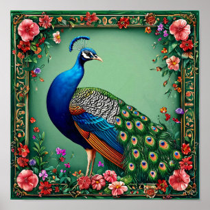 Poster Arte de Parede Pavão Elegante Ave Floral de Luxo