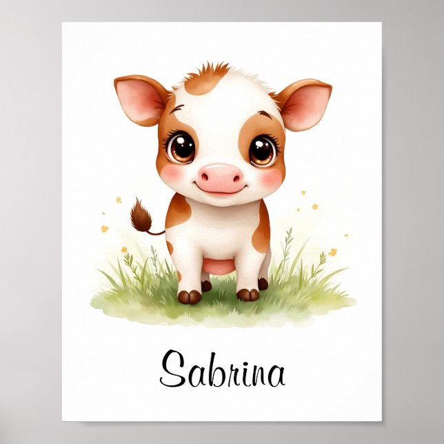 Poster Arte de Parede Personalizada de Bebê Vaca Adorável (Frente)