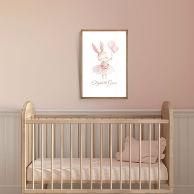 Poster Arte de Parede Personalizada de Coelho Bailarina R (Pink Ballerina Bunny Personalized Girls Nursery Bedroom Wall Art poster print)