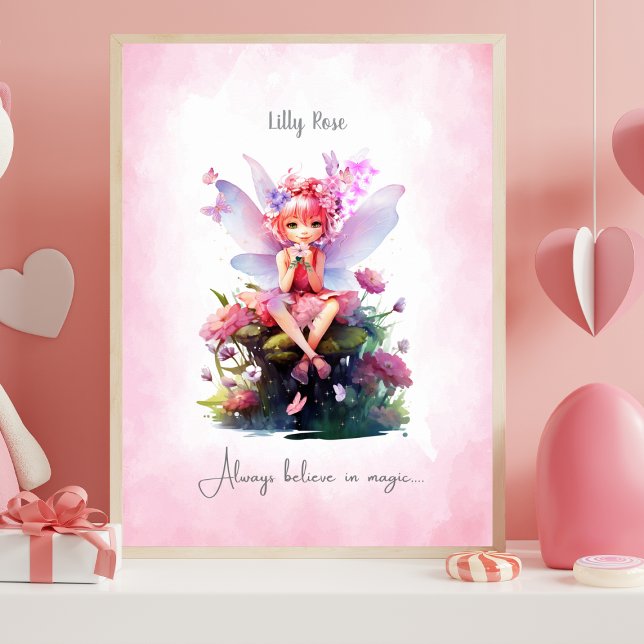 Poster Arte de Parede Personalizada de Fada Rosa e Malva  (Personalized Pink & Mauve Fairy - Fairy Nursery Art For Girls)