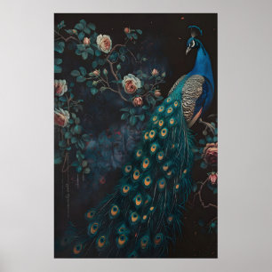 Poster Arte de Parede Pintura Pavão Floresta Escura, Escu