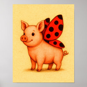 Poster Arte de Parede Porca Ladypig, Asas de Joaninha Por