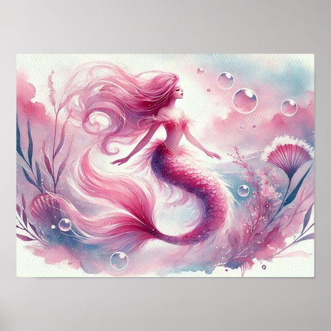 Poster Arte de Parede Sereia Aquarela (Frente)