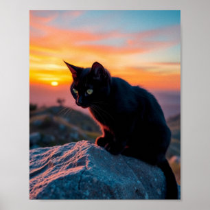Poster Arte de Parede Silhueta de Gato Preto ao Pôr do So