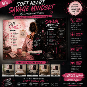 Póster Arte de Parede Soft Heart Savage Mindset Inspira