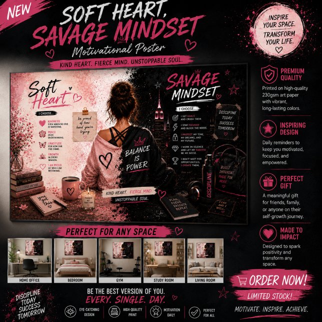 Póster Arte de Parede Soft Heart Savage Mindset | Inspira (Criador carregado)