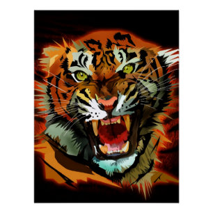 Póster Arte de Parede Tigre Rugindo Feroz Vida Selvagem S