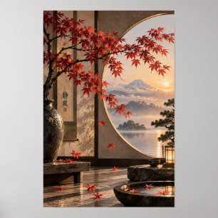 Poster Arte de Parede Zen Monte Fuji Outono Japonês Bordo
