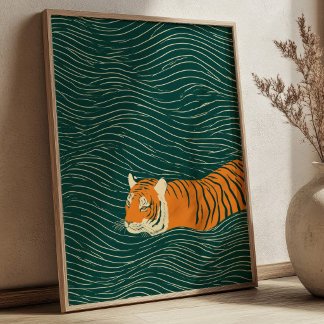 Poster Arte de Parede Zen Tigre Nadando Através de Ondas 
