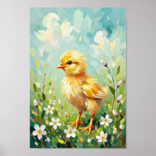 Poster Arte de Páscoa Vintage com Pintinho na Primavera