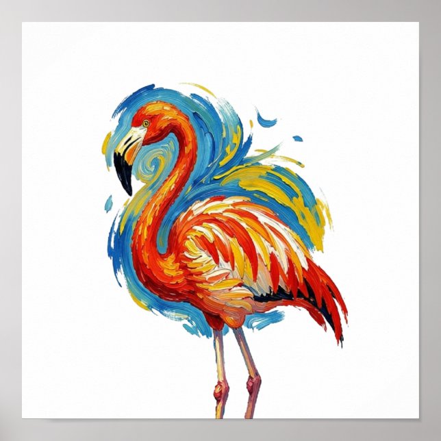 Poster Arte de Pássaro com Pincelada Abstrata de Flamingo (Frente)