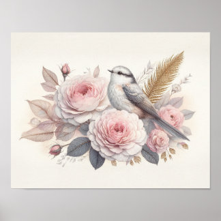Poster Arte de Pássaro & Rosas Lindas
