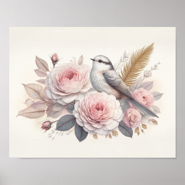 Poster Arte de Pássaro & Rosas Lindas (Frente)