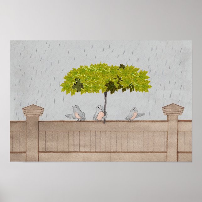 Poster Arte de Pássaros 3 Pássaros na Chuva (Frente)