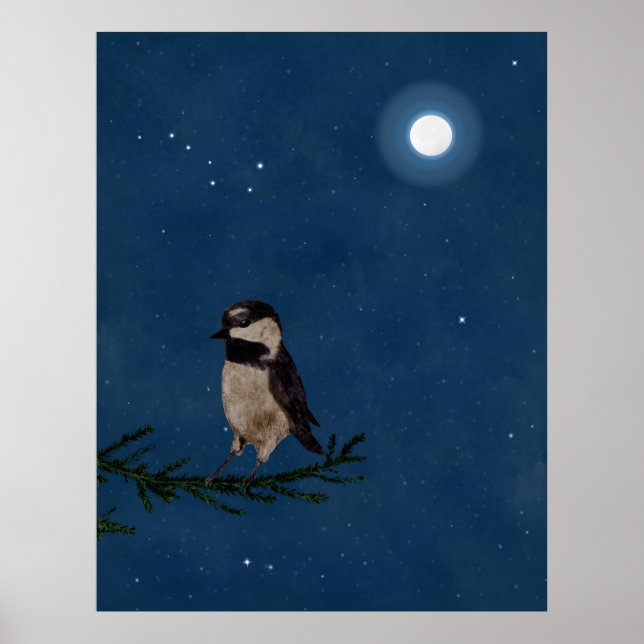 Póster Arte De Pássaros, Frango, Lua, Estrelas, Ursa Gran (Frente)