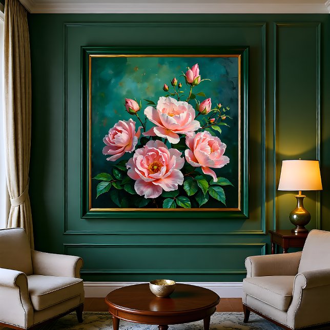 Póster Arte de Peônias Rosa em Verde Esmeralda (Criador carregado)
