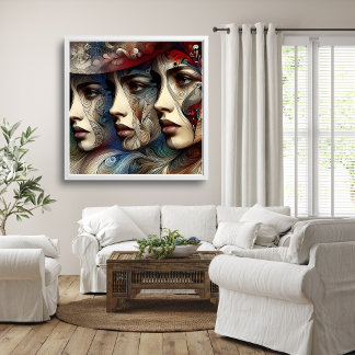 Poster Arte de Perfil de Três Rostos Femininos Elegantes