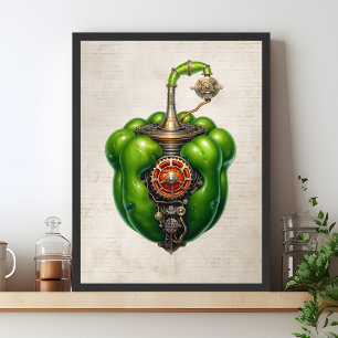 Poster Arte de pimenta verde Steampunk Bell, cozinha
