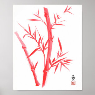 Poster Arte de Pincel Chinês Bambu Vermelho
