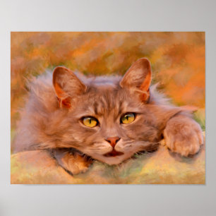 Póster Arte de pintura a óleo em aquarela de gato marrom