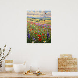 Poster Arte de pintura de paisagem de prado florido