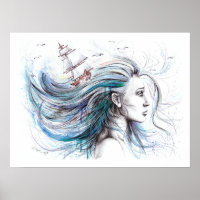Arte de pintura surreal náutica de menina oceânica