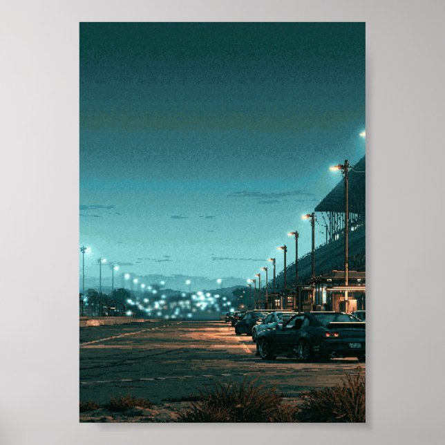 Poster Arte de Pixel Retro de Carros JDM Estacionados sob (Frente)