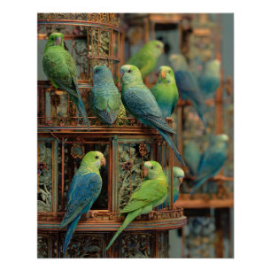 Póster Arte de Poleiro Exótico de Papagaios Verdes e Azui