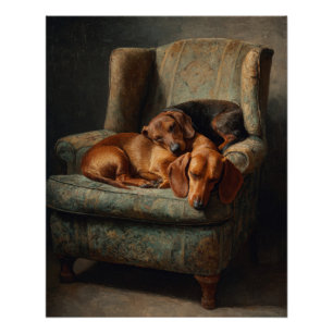 Póster Arte de Poltrona Vintage com Dachshunds Marrons Ac