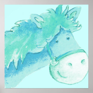Poster Arte de pônei infantil em aqua e verde em impressã