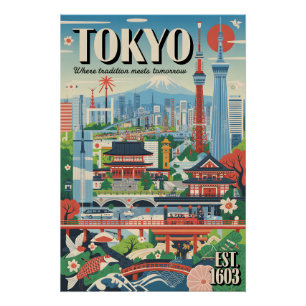 Póster Arte de Poster de Viagem Retro de Tóquio Japão