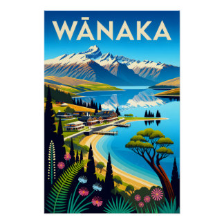 Póster Arte de Poster de Viagem Retro Wānaka Nova Zelândi