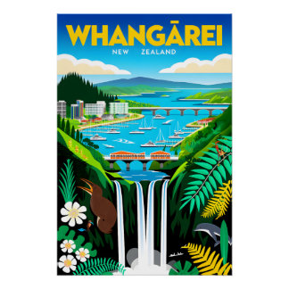 Póster Arte de Poster de Viagem Retro Whangārei Nova Zelâ