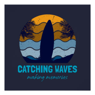 Póster Arte de Praia das Ondas de Captura Retro Surfboard
