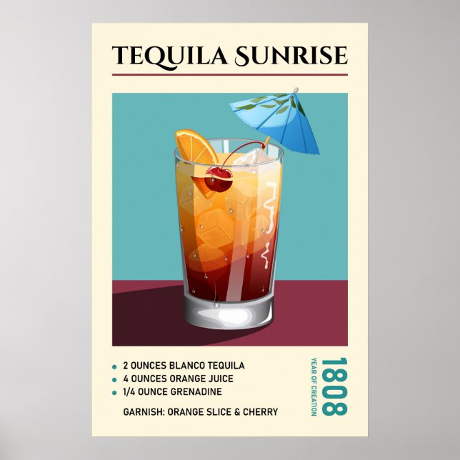 Poster Arte de Receita de Coquetel Tequila Sunrise Vintag (Frente)