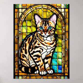 Poster Arte de Retrato em Vidro Colorido de Gato Bengal